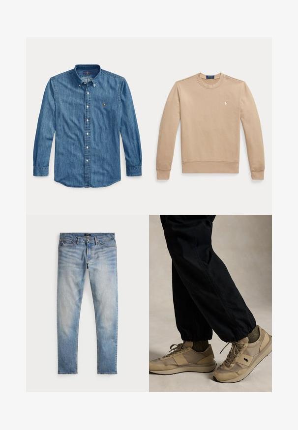 Béžová mikina s dlhým rukávom a okrúhlym výstrihom, s rebrovanými lemami a spodným lemom, s malým bielym vyšívaným logom Polo Ralph Lauren na hrudi.; Modrá rifľová košeľa s dlhým rukávom, golierom a malým vyšívaným logom na ľavej strane hrudníka vedľa gombíkov.; Svetlomodré denimové nohavice s bledým povrchom, dizajnom na päť vreciek a kontrastným prešívaním. Obsahujú zips a pútka na opasok. Rovný strih.; Osoba, ktorá má na sebe béžové tenisky na šnurovanie s čiernym logom, olivovo zelené ponožky a čierne nohavice s elastickými manžetami, stojaca na neutrálnej podlahe.