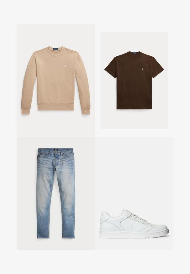 Beige lange mouw crewneck trui met geribbelde boorden en zoom, met een klein wit geborduurd Polo Ralph Lauren-logo op de borst.; Bruine katoenen T-shirt met korte mouwen, een ronde hals en een wit geborduurd polo-logo op de linkerborst. Soepele textuur, regular fit.; Lichtblauwe denim jeans met een vervaagde afwerking, vijfzakkenontwerp en contrasterende stiksels. Heeft een ritssluiting en riemlussen. Rechte snit.; Witte leren sneaker met een gladde textuur, voorzien van een geperforeerde neus, vetersluiting en geborduurde logo aan de zijkant. Witte rubberen zool.