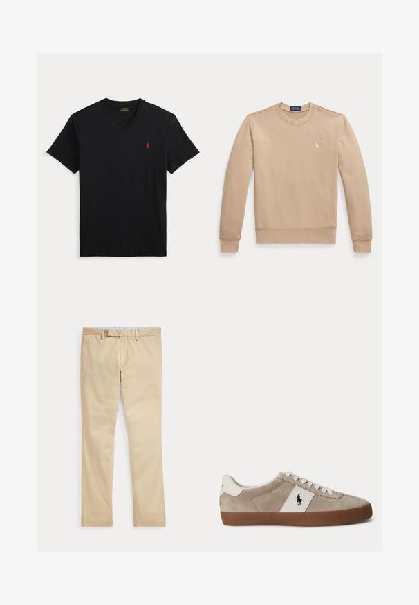 Beige lange mouw crewneck trui met geribbelde boorden en zoom, met een klein wit geborduurd Polo Ralph Lauren-logo op de borst.; Zwarte V-hals T-shirt met korte mouwen en een klein rood Polo Ralph Lauren-logo op de linkerborst.; Beige broek met rechte pijpen, ceintuurlussen en een voorrits, plat gelegd tegen een witte achtergrond.; Beige suède lage sneaker met witte veters, wit lederen accent met zwart paardenlogo en een bruine rubberen zool.