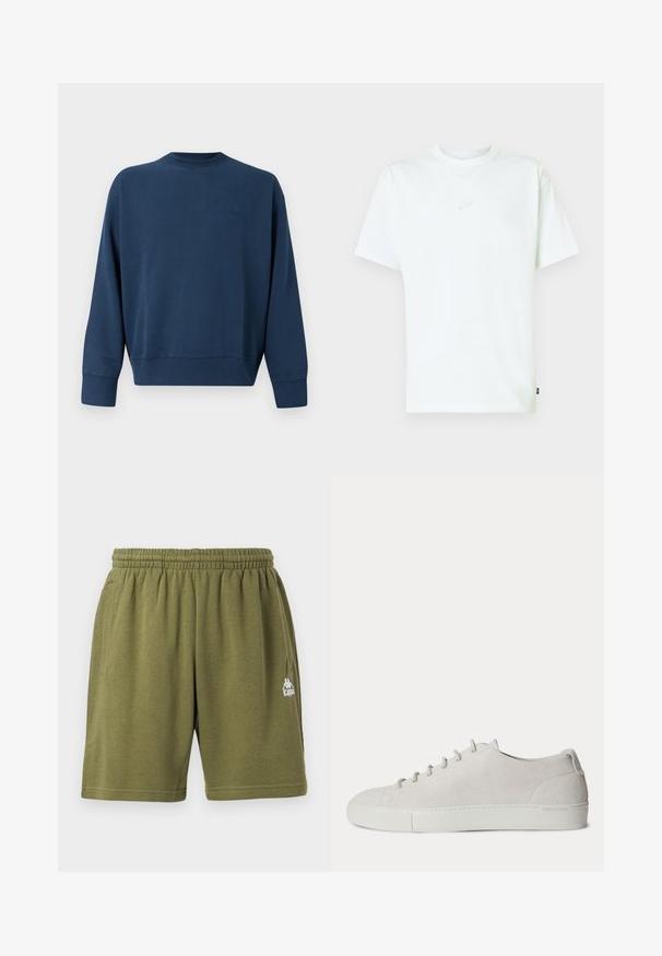 Sweatshirt à col rond à manches longues de couleur bleu marine, avec des poignets et un ourlet côtelés, arborant un logo de marque brodé discret sur le côté gauche de la poitrine.; T-shirt en coton blanc avec col rond, manches courtes et petit logo Nike embossé sur la poitrine. Texture douce et coupe décontractée.; Shorts décontractés à taille élastique vert olive avec poches latérales et un petit logo blanc Kappa sur la jambe droite.; Baskets basses blanches en suède avec lacets à l’avant et semelle en caoutchouc, design minimaliste.