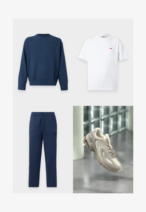 Marineblauwe longsleeve crewneck sweatshirt met ribgebreide manchetten en onderkant, met een subtiel geborduurd merkje aan de linkerkant van de borst.; Witte T-shirt met korte mouwen en ronde hals, met een klein rood logo op de linkerborst en een merklabel aan de binnenkant van de kraag.; Donkerblauwe joggingsbroek van een zachte katoenmix, met een elastische tailleband met trekkoord en een klein merkje op de heup.; Lichtbeige sneaker met een gestroomlijnd ontwerp, textuurlagen, een gevoerde zool en een doorzichtige sectie aan de zijkant.