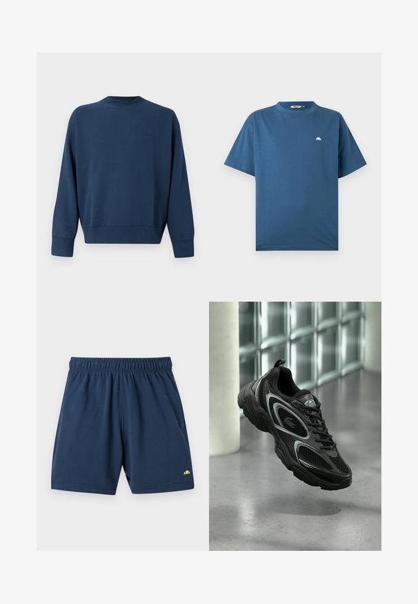 Sweatshirt à col rond à manches longues de couleur bleu marine, avec des poignets et un ourlet côtelés, arborant un logo de marque brodé discret sur le côté gauche de la poitrine.; T-shirt bleu à manches courtes et col rond avec un petit logo blanc en demi-cercle sur le côté gauche de la poitrine, présenté à plat sur un fond gris clair.; Shorts décontractés bleu marine avec taille élastique et petit logo jaune sur le bas de la jambe gauche, présentés à plat sur fond blanc.; Chaussure de sport noire en mesh et matériau synthétique, avec une semelle texturée, un design élégant, des accents argentés et un laçage à l'avant.