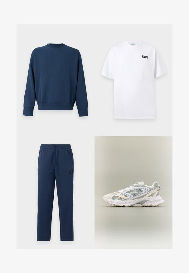 Marineblauwe longsleeve crewneck sweatshirt met ribgebreide manchetten en onderkant, met een subtiel geborduurd merkje aan de linkerkant van de borst.; Wit T-shirt met korte mouwen en een klein zwart Columbia-logo op de bovenste linkerborst tegen een effen achtergrond.; Donkerblauwe joggingsbroek van een zachte katoenmix, met een elastische tailleband met trekkoord en een klein merkje op de heup.; Witte sportschoen met grijze netpanelen, gestructureerde overlays, een gepolsterde kraag en een rubberen zool met kleine tractiespitten.
