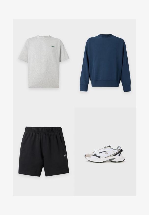 Μπλε ναυτικής απόχρωσης μακρυμάνικη μπλούζα με στρογγυλή λαιμόκοψη και ριγέ μανσέτες και στρίφωμα, με διακριτό κεντημένο λογότυπο της μάρκας στην αριστερή πλευρά του στήθους.; Ανοιχτό γκρι κοντομάνικο T-shirt με στρογγυλή λαιμόκοψη και μικρό σκούρο πράσινο λογότυπο «ellesse» στο αριστερό μέρος του στήθους.; Μαύρο σορτς μέτριου μήκους με ελαστική μέση, πλαϊνές τσέπες και μικρό λευκό λογότυπο ellesse στο αριστερό πόδι.; Λευκό αθλητικό παπούτσι με ασημί και μαύρες λεπτομέρειες, πλέγμα επάνω, υφή στη σόλα και κομψό σχέδιο με λογότυπο στο πλάι.