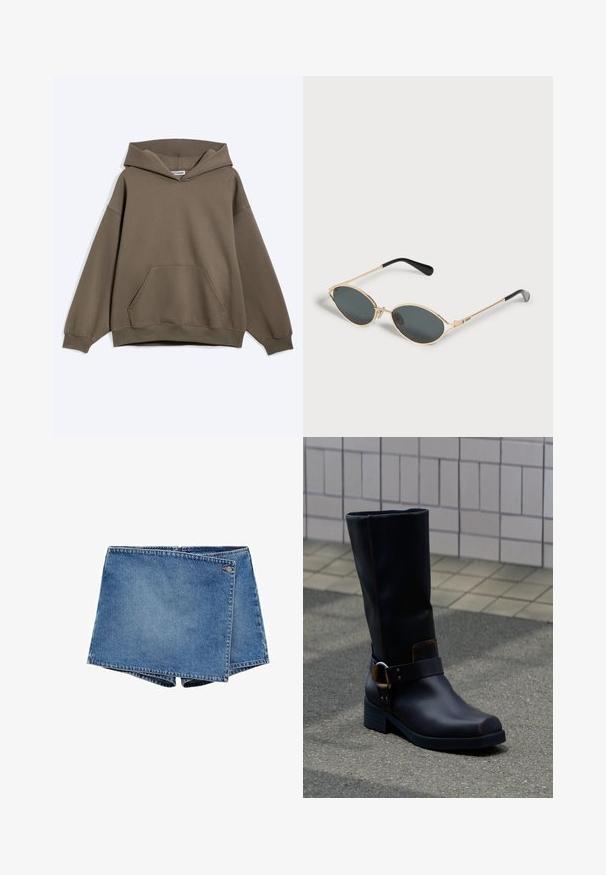 Brun oversized hættetrøje med foran kængurulomme og ribstrikkede ærmeafslutninger, vist på en ensartet lys baggrund.; Denimshorts i mellemblå med et unikt overlapningsdesign. Har en lynlåslukning og en lille logoaccent på taljen.; Sort midt på læggen læderstøvle med lav hæl og dekorativ rem med metalspænde, stående på en grå belagt overflade nær en flisevæg.; Ovale solbriller med sorte linser, tynde gyldne metalrammer og sorte ørestykker, placeret på en hvid overflade.
