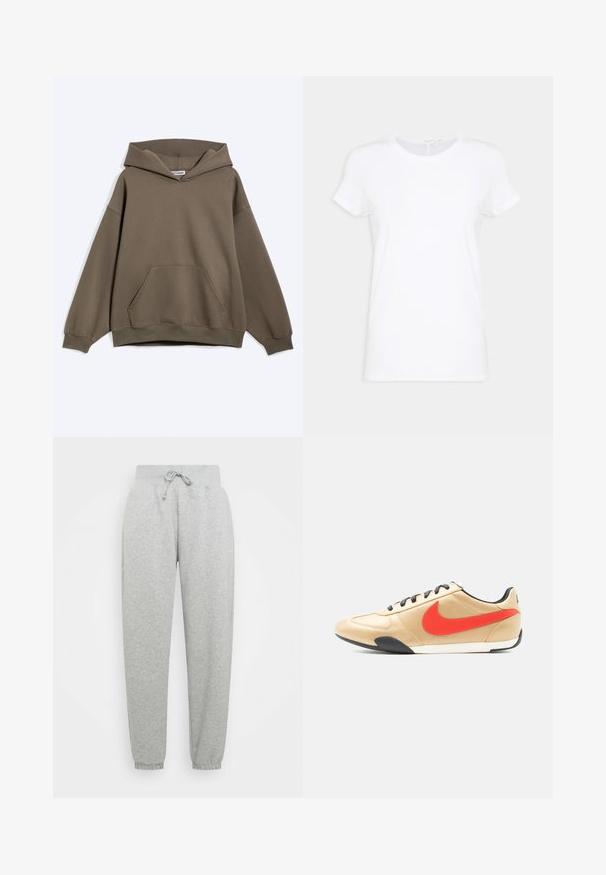 Bruine oversized hoodie met kangaroovak aan de voorkant en geribbelde manchetten, getoond op een effen lichte achtergrond.; Witte katoenen T-shirt met korte mouwen, een ronde hals en een relaxte fit. Voorzien van een soepele textuur zonder zichtbare patronen of accenten.; Grijze sweatpants met elastische tailleband, verstelbare trekkoord en geribbelde manchetten. Gemaakt van zachte stof; heeft twee zijzakken.; Beige leren sneaker met zwarte veters, rode Nike-swoosh aan de zijkant en zwart-witte zool, gezien vanaf de buitenzijde.