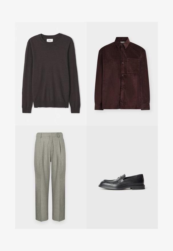 Pull en tricot marron foncé avec un col rond, des manches longues, des poignets et un ourlet côtelés, une texture lisse, et une étiquette de marque minimaliste.; Chemise en velours côtelé marron foncé à manches longues avec boutons sur le devant et une poche poitrine unique côté gauche.; Pantalons gris clair en tissu texturé. Ils présentent une coupe droite, des plis à l'avant et une taille plate.; Mocassins en cuir noir avec une finition texturée, dotés d'une bride décorative à l'avant et d'un bout arrondi. Semelle en caoutchouc pour plus de durabilité.