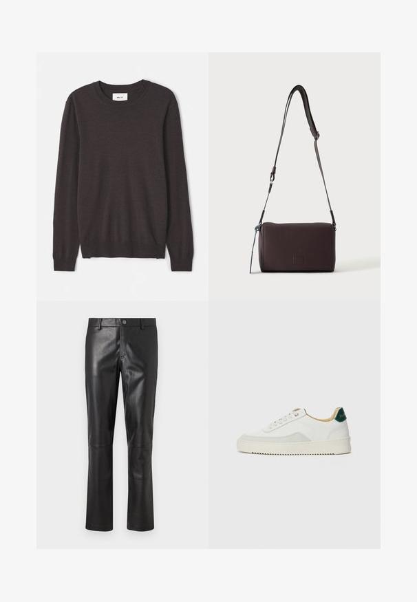 Pull en tricot marron foncé avec un col rond, des manches longues, des poignets et un ourlet côtelés, une texture lisse, et une étiquette de marque minimaliste.; Pantalon en cuir noir avec une texture lisse, design à jambes droites et couture subtile le long des coutures. Présente une fermeture à bouton à la taille.; Baskets blanches avec des accents en daim, bout arrondi, lacets plats et semelle en caoutchouc crème. Présente une marque verte sur le talon.; Sac bandoulière en cuir marron foncé texturé avec une sangle réglable et un petit accent décoratif bleu sur le côté.