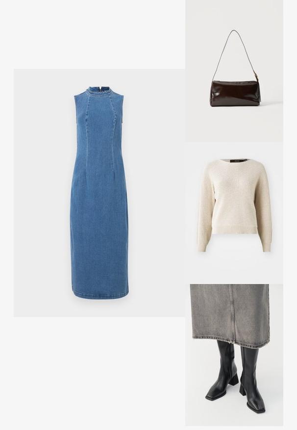 Lys beige strikket sweater med en tekstureret overflade, rund halsudskæring og lange ærmer. Har ribbet kant og manchetter, afslappet pasform.; Denim ærmeløs kjole med høj halsudskæring, tætsiddende pasform og knælængde. Har en skjult lynlås bagpå. Lys blå farve.; Sorte knæhøje støvler i glat læder med firkantet tå og blokeret hæl. Båret med en grå denimnederdel med flosset kant.; Mørkebrun rektangulær læder skuldertaske med en enkelt tynd rem og spænde i guldton på en ensfarvet baggrund.