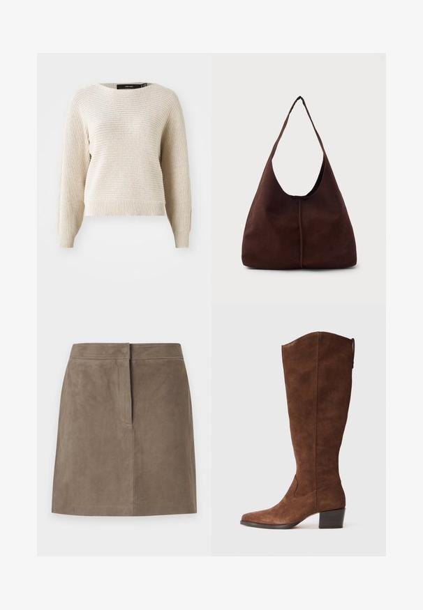 Pull en maille beige clair avec une finition texturée, col rond et manches longues. Doté d'un ourlet et de poignets côtelés, coupe décontractée.; Jupe en suede taupe, longueur genou, avec une coupe droite et un détail de couture dissimulé à l'avant, sur fond uni.; Bottes en suède brun jusqu'aux genoux avec un bout pointu et un talon empilé. Présente une finition lisse et des détails de couture minimalistes.; Sac hobo en daim marron avec une grande ouverture courbée et une large bandoulière. Présente une couture centrée à l'avant. Texture lisse.