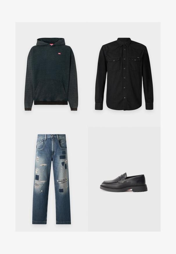 Dunkelblaue Kapuzenjacke aus weichem Material, mit einer großen Kängurutasche vorne, gerippten Bündchen und einem kleinen roten "DIESEL"-Logo auf der Brust.; Schwarzes Langarmhemd aus Baumwolle mit Knopfleiste, zwei Brusttaschen und spitzem Kragen. Mit kontrastierenden Knopfakzenten.; Jeans aus Denim mit abgenutzten Flicken und verschiedenen Blautönen, im geraden Schnitt und mit klassischem Fünf-Taschen-Design.; Schwarze Leder-Lenker mit runder Spitze, erhobenem Naht und dicker Gummisohle. Schlichtes Design mit minimaler Markenpräsenz an der Seite.