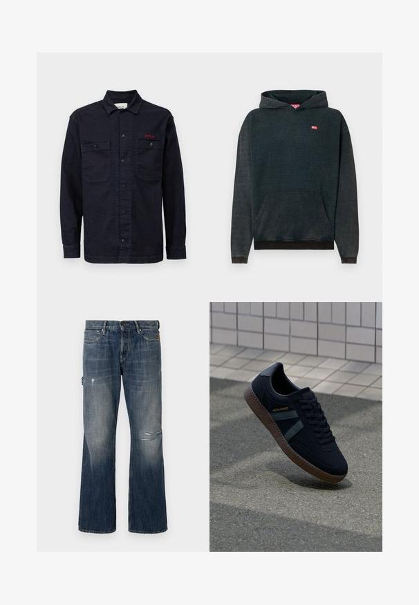 Sudadera azul oscuro de tejido suave, con un bolsillo canguro en el frente, puños acanalados y un pequeño logo rojo de "DIESEL" en el pecho.; Camisa de mezclilla azul oscuro con mangas largas, cierre frontal de botones, dos bolsillos en el pecho y un pequeño logo rojo "REPLAY" en el bolsillo izquierdo.; Jeans de mezclilla en azul oscuro con un lavado desgastado. Presenta un corte de pierna ancha, detalles desgastados que incluyen un desgarro, y un diseño estándar de cinco bolsillos.; Zapatilla negra con superficie texturizada, franjas verde oscuro y suela de goma marrón. Presenta cordones y una marca en el lateral.