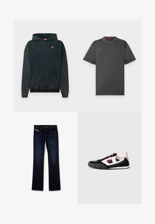 Donkerblauwe hoodie van zachte stof, met een voorzak in kangoeroestijl, ribgebreide manchetten en een klein rood "DIESEL"-logo op de borst.; Donkergrijze Diesel t-shirt met korte mouwen, contrasterende stikken en een klein rood logo op de borst en binnen de kraag.; Donkerblauwe denim jeans met een rechte pijp, voorzien van oranje stiksels, een ritssluiting en voorzakken. Glad oppervlak en een standaard tailleband.; Diesel S PAGODHA LOW - Sneakers laag - black