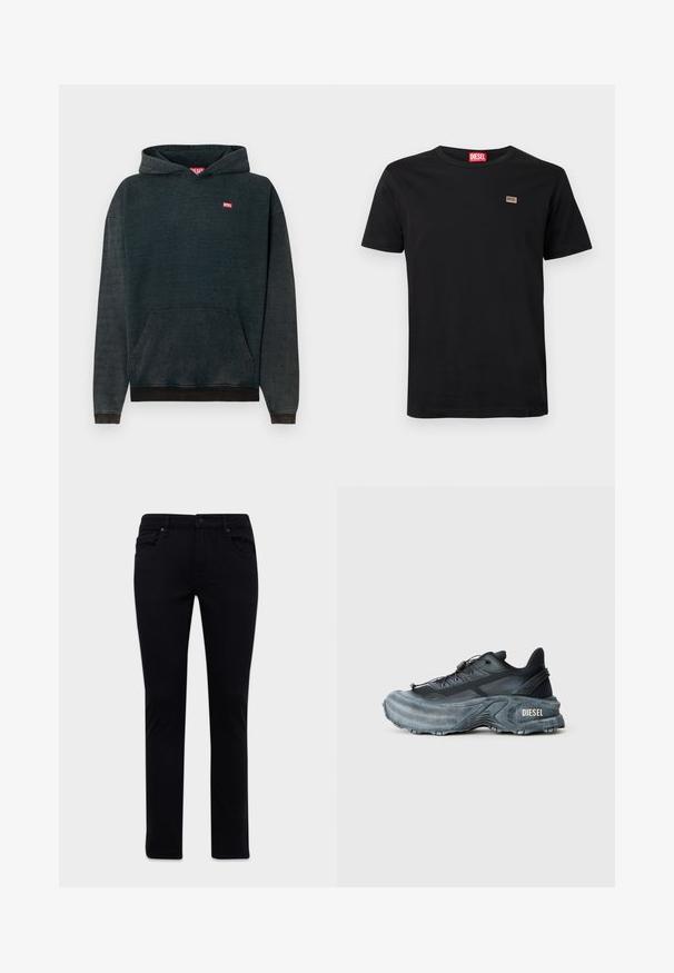 Dunkelblaue Kapuzenjacke aus weichem Material, mit einer großen Kängurutasche vorne, gerippten Bündchen und einem kleinen roten "DIESEL"-Logo auf der Brust.; Schwarzes kurzärmeliges T-Shirt aus Baumwolle mit Rundhalsausschnitt. Verfügt über einen kleinen Markenaufnäher auf der linken Brust.; Schwarze Slim-Fit-Jeans mit Vorder- und Rückentaschen, Gürtelschlaufen und Knopfverschluss, auf einem weißen Hintergrund präsentiert.; Schwarz- und graue Diesel-Sneaker mit dicker Sohle, Schnürverschluss und strukturiertem Design auf einem schlichten hellgrauen Hintergrund.