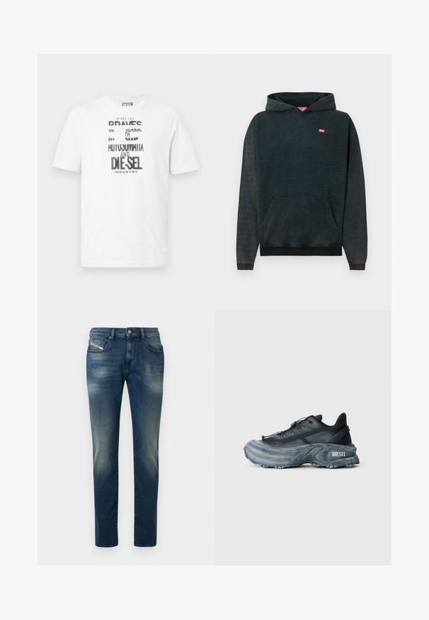 Sweat à capuche bleu foncé en tissu doux, avec une poche kangourou à l'avant, des poignets côtelés et un petit logo "DIESEL" rouge sur la poitrine.; T-shirt Diesel blanc à manches courtes avec texte graphique noir et blanc et logo sur le devant, col rond et étiquette logo rouge sur la couture latérale.; Jean en denim bleu foncé avec un effet délavé, coupe droite et genou légèrement usé. Comprend des poches avant et une fermeture par bouton en métal.; Baskets Diesel noires et grises avec semelle épaisse, système de laçage à bascule et design texturé sur fond gris clair uni.