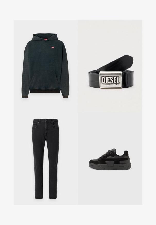 Dunkelblaue Kapuzenjacke aus weichem Material, mit einer großen Kängurutasche vorne, gerippten Bündchen und einem kleinen roten "DIESEL"-Logo auf der Brust.; Schwarze Denim-Jeans mit schmaler Passform, klassischem Fünf-Taschen-Design und minimalen Nähten. Glatte Textur, normaler Bund.; Schwarzer Sneaker mit einer Mischung aus glatten und strukturierten Materialien, ausgestattet mit einer runden Spitze, dicker Sohle und Schnürverschluss. Minimalistisches Design mit Akzenten.; Schwarzer Ledergürtel mit einer rechteckigen silbernen Schnalle, auf der der Markenname "DIESEL" und der Satz "FOR SUCCESSFUL LIVING" eingraviert sind. Glatte Textur.