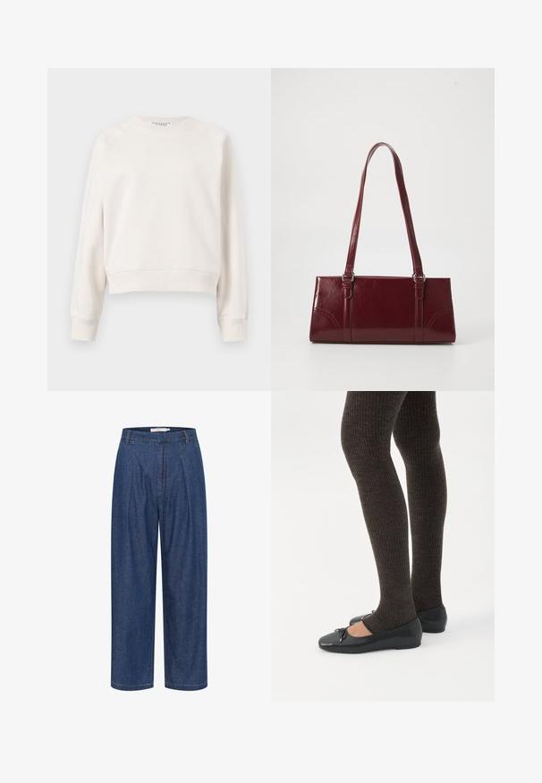 Off-white langærmet crewneck-sweatshirt med ribstrikkede manchetter og kant, vist mod en ensfarvet baggrund.; Blå denimbukser med høj talje og vide ben, forrest med læg, bæltestropper og skjult lynlåslukning.; Ben iført mørke ribbede leggings kombineret med sorte balletsko med små sløjfedetaljer på hvid baggrund.; Bordeaux håndtaske lavet af glansfuldt materiale, rektangulær form, med to skulderremme og subtile buede detaljer på forsiden.