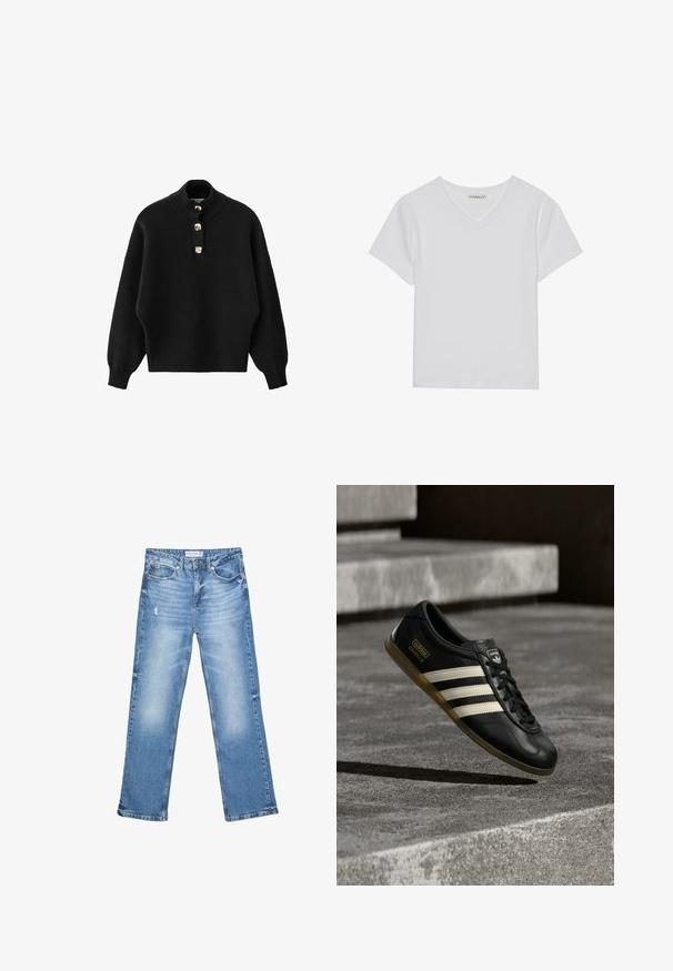 Zwarte gebreide trui met een hoge kraag, voorzien van een knopenbies met knopen in goudtint en ruimvallende mouwen.; Witte T-shirt met korte mouwen en V-hals, gemaakt van ribbelstof. Heeft een strakke ontwerp met een rechte zoom en minimale details.; Lichtblauwe denim jeans, recht model, vervaagde gebieden en subtiele slijtage. Voorzien van vijf zakken en een klassieke knoopsluiting.; Zwarte leren sneaker met wit ontwerp van drie strepen, gestructureerde accenten, zwarte veters en een gum zool. Merkenlogo zichtbaar op de tong.
