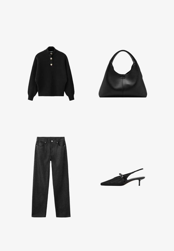 Sort strikket pullover med høj krave, der har en knapstolpe med knapper i guldton og løstsiddende ærmer.; Sorte denimbukser med lige ben, der har fem lommer, sølvhardware og en glat tekstur.; Sorte slingback hæle med spidse tæer, tekstureret mesh-overdel, slank justerbar rem med sølvspænde og 5 cm stilettohæle.; Sort tekstureret læderhåndtaske med et enkelt buet håndtag og en bred, halvmåneformet krop.