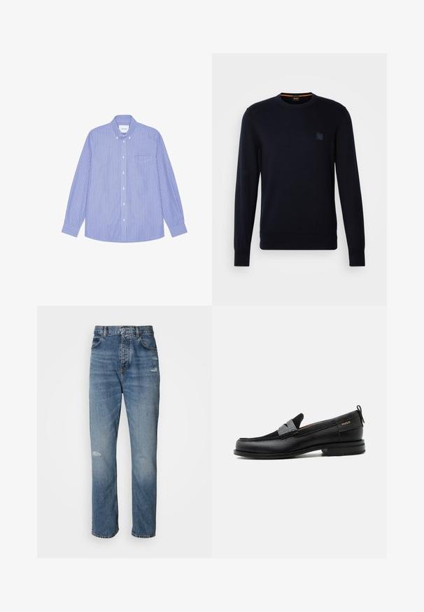 Pull en tricot bleu marine avec des manches longues, un col ras du cou, des poignets et un ourlet côtelés, arborant un petit logo carré sur la poitrine.; Chemise boutonnée à rayures bleues et blanches ; manches longues, poche sur le côté gauche de la poitrine, et col classique. Tissu en coton.; Jean en denim bleu clair au design droit, avec une fermeture à bouton et zip, cinq poches et des détails usés près des genoux.; Mocassin en cuir noir avec détail de bride grise, talon bas et semelle texturée, marqué "HUGO" en or sur le côté.