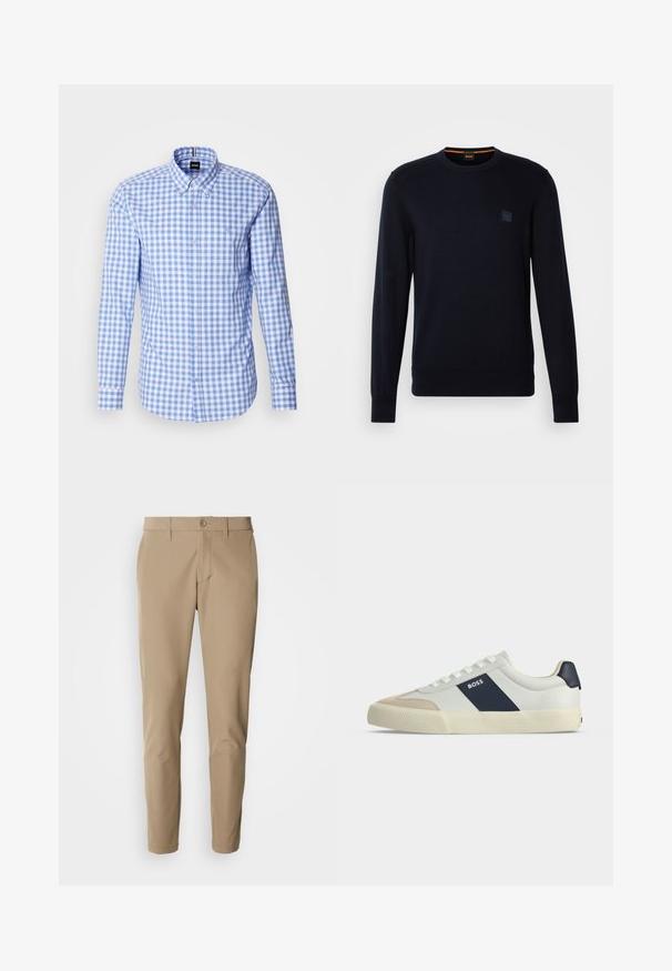 Jersey de punto azul marino con mangas largas, cuello redondo, puños y dobladillo acanalados, que presenta un pequeño parche con logotipo cuadrado en el pecho.; Camisa de patrón de cuadros azul y blanco con mangas largas, cuello abotonado y bordado del logo en el pecho. Material de algodón suave.; Pantalones beige de tela suave con corte recto, con cierre de botón y bolsillos frontales, acompañados de pasadores para cinturón.; Zapatilla blanca de caña baja con puntera beige, franja lateral azul marino con etiqueta BOSS, cordones blancos y suela de goma sobre fondo neutro.