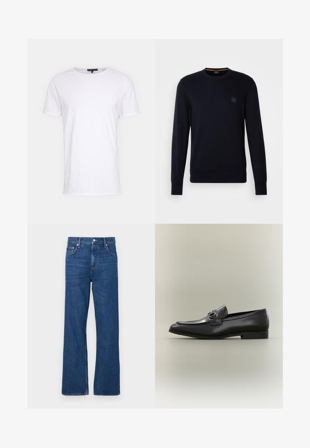 Jersey de punto azul marino con mangas largas, cuello redondo, puños y dobladillo acanalados, que presenta un pequeño parche con logotipo cuadrado en el pecho.; Camiseta de algodón blanca con cuello redondo, mangas cortas y corte recto. Presenta una textura simple y suave sin patrones adicionales.; Vaqueros de mezclilla azul con un diseño de pierna ancha, con un cierre clásico de botón y cremallera, y cinco bolsillos. Textura distintiva deslavada en todo el pantalón.; Mocasín de cuero negro para hombre con tacón bajo y detalle de hebilla metálica en la parte superior, mostrado de perfil sobre un fondo neutro.