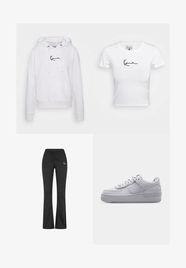 Hvid hoodie med snoretræk, kengurulomme og sort logo på brystet. Blødt stof, ribbede manchetter og kant for et tætsiddende look.; Hvid cropped t-shirt, kortærmet, lavet af blødt bommateriale. Har et sort skrifttype-logo på brystet, rund halsudskæring og tætsiddende facon.; Sorte udringede bukser med en samlet talje, lavet af blødt, strækbart stof. Har et lille hvidt logo på venstre side.; Grå Nike Air Force 1 sneakers med perforeret tå, glat læderoverdel, tyk sål og præget 'AIR' detalje på hælen.