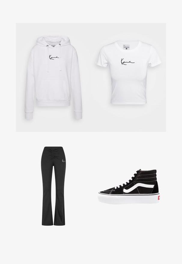 Hvid hoodie med snoretræk, kengurulomme og sort logo på brystet. Blødt stof, ribbede manchetter og kant for et tætsiddende look.; Hvid cropped t-shirt, kortærmet, lavet af blødt bommateriale. Har et sort skrifttype-logo på brystet, rund halsudskæring og tætsiddende facon.; Sorte udringede bukser med en samlet talje, lavet af blødt, strækbart stof. Har et lille hvidt logo på venstre side.; Sorte høj-top sneakers med hvide snørebånd, et hvidt logo og kontrasterende hvid syning. Har en tyk hvid sål og struktureret ruskindsoverdel.