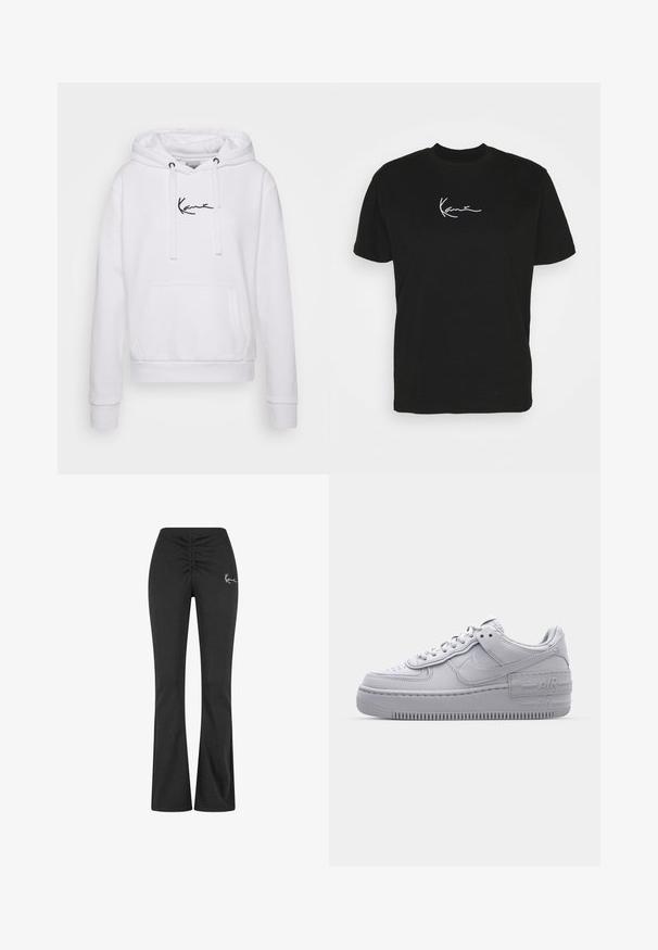 Sudadera blanca con cordones, bolsillo canguro y logo negro en el pecho. Tejido suave, puños y dobladillo acanalados para un ajuste ceñido.; Camiseta de algodón negra de manga corta, con un gráfico de firma blanca en el pecho y un diseño clásico de cuello redondo.; Pantalones negros de campana con cintura fruncida, hechos de una tela suave y elástica. Presenta un pequeño logotipo blanco en el lado izquierdo.; Zapatilla Nike Air Force 1 gris con puntera perforada, parte superior de cuero suave, suela gruesa y detalle en relieve 'AIR' en el talón.