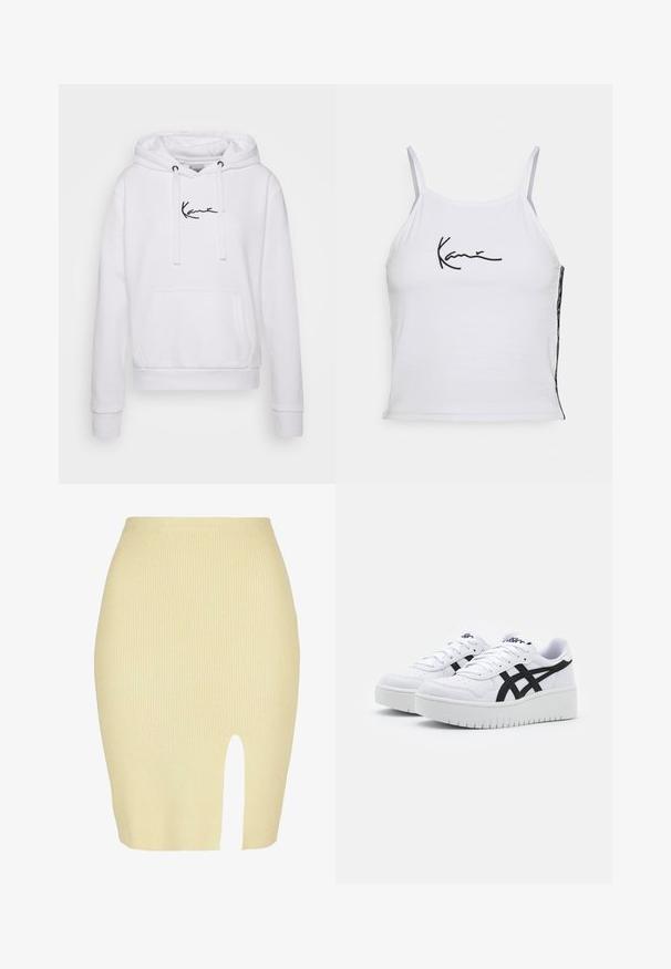Hvid hoodie med snoretræk, kengurulomme og sort logo på brystet. Blødt stof, ribbede manchetter og kant for et tætsiddende look.; Hvid ærmeløs crop top lavet af bomuld, med sort broderet tekst. Sidepanel viser et mønstret stof, der tilføjer tekstur.; Ribbet midi nederdel i lysegul med slidsdetalje foran, der har en tætsiddende silhuet og en blød tekstur.; Hvide sneakers med en struktureret overflade, sorte sidestrek og en tyk hvid sål. Har snørebåndsdesign og logo på tungen.