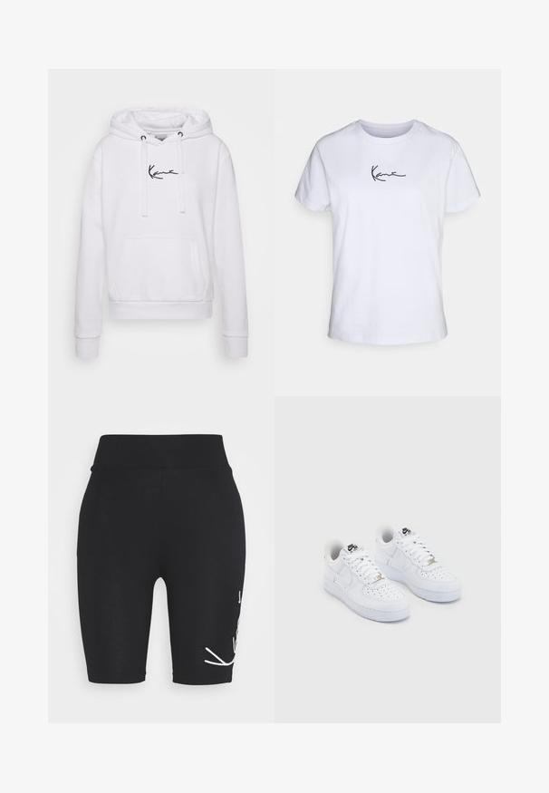 Sweat à capuche blanc avec cordons, poche kangourou et logo noir sur la poitrine. Tissu doux, poignets et ourlet côtelés pour un look ajusté.; T-shirt en coton blanc avec manches courtes, présentant une signature noire brodée sur la zone gauche de la poitrine. Design classique à encolure ras du cou.; Shorts de vélo noirs en jersey avec une taille haute, ornés de détails brodés blancs sur le devant, texture lisse et design ajusté.; Baskets Nike Air Force 1 blanches avec une tige en cuir lisse, un embout perforé, des lacets blancs et un logo noir sur la languette.