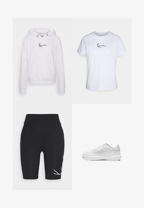 Sudadera blanca con cordones, bolsillo canguro y logo negro en el pecho. Tejido suave, puños y dobladillo acanalados para un ajuste ceñido.; Camiseta de algodón blanca con mangas cortas, que presenta una firma bordada en negro en el área del pecho izquierdo. Diseño clásico de cuello redondo.; Pantalones cortos de bicicleta negros con una cintura alta, que presentan un detalle bordado en blanco en el lado frontal, textura suave y un diseño ajustado.; Zapatillas blancas con parte superior de cuero liso, puntera redonda, detalles perforados y suela de goma blanca gruesa. Presenta el logotipo en el lateral y cordones planos.