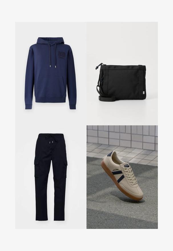 Sweatshirt à capuche bleu marine en coton doux, avec une poche kangourou, un cordon de serrage à la capuche et un logo brodé.; Pantalons cargo noirs avec taille élastique, cordon de serrage et deux poches latérales. Tissu lisse avec une coupe fuselée.; Baskets beiges avec une finition texturée, bandes navy et semelle en caoutchouc. Équipées d'une languette rembourrée et d'un système de laçage traditionnel pour un maintien sécurisé.; Sac à épaule en tissu noir avec un extérieur texturé, une sangle ajustable et une fermeture à cordon. Il présente des coutures audacieuses et une étiquette sur le côté.