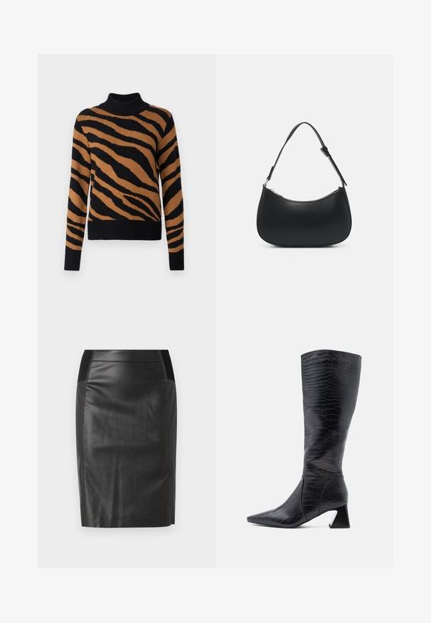 Sort og brun stribet turtleneck sweater, lavet af strikstof, med en tætsiddende silhuet og ribbede manchetter og kant.; Sorte læderblyantskirt med en tætsiddende design, glat tekstur og elastisk talje med detaljer på begge sider. Flad kant i bunden.; Sorte knæhøje støvler med spids tå, lavet af tekstureret imiteret krokodilleskind; har en kraftig hæl og en glat finish.; Pieces PCALUANA SHOULDER BAG - Håndtasker - black