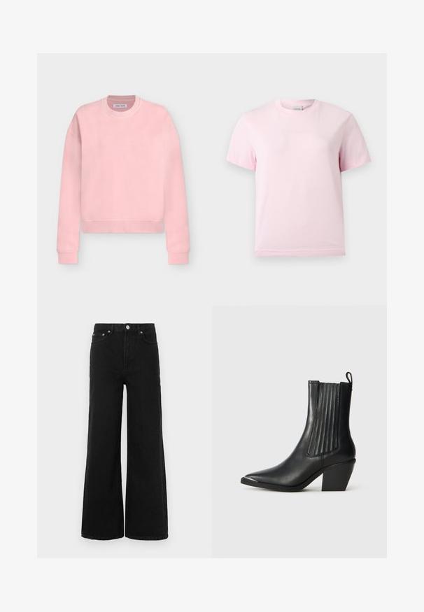 Lyserød langærmet crewneck-sweatshirt med ribkanter ved manchetter og bund, lagt fladt på en lysegrå baggrund.; Lyserød T-shirt med korte ærmer og rund hals med et diskret præget "Calvin Klein"-logo i midten af brystet.; Sorte jeans med vide ben lavet af denim; har høj talje, forlommer og knaplukning. Ingen synlige mønstre eller pynt.; Sort læder ankelstøvle med spids tå, ribbede sidepaneler og en kraftig hæl, placeret på en struktureret fliseoverflade.
