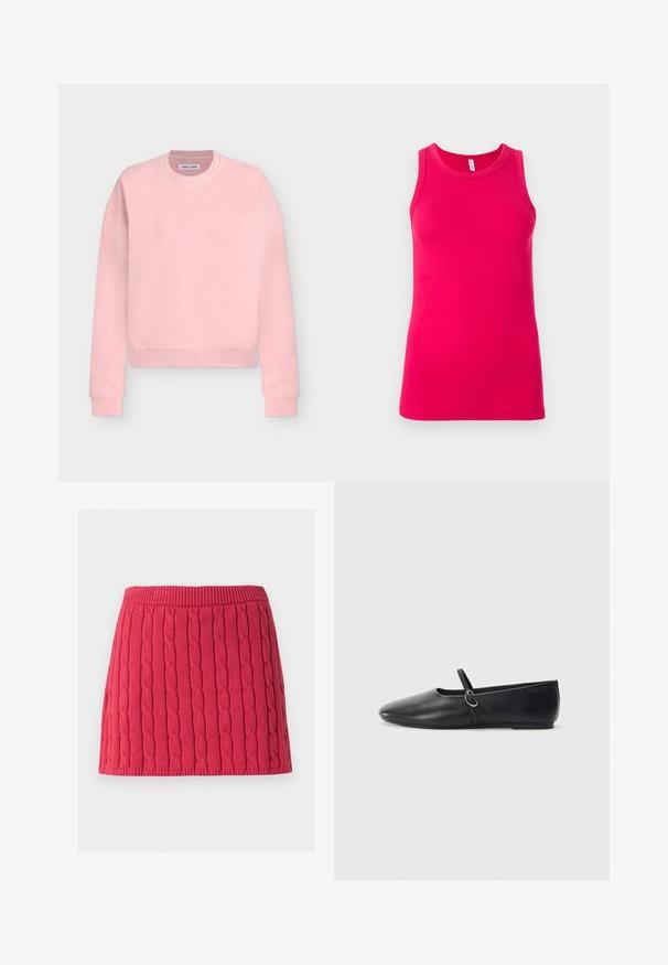 Sweat-shirt rose clair à manches longues avec col rond, poignets et ourlet côtelés, présenté à plat sur un fond gris clair.; Débardeur rose cintré en coton. Il présente un col rond et de larges bretelles, avec une texture lisse et extensible.; Mini-jupe rouge tricotée avec motif torsadé vertical et taille et ourlet côtelés sur fond blanc.; Ballerines noires en cuir avec un bout pointu, une semelle plate et une petite sangle avec un détail de boucle en argent.
