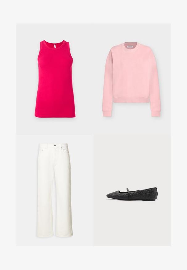 Sweat-shirt rose clair à manches longues avec col rond, poignets et ourlet côtelés, présenté à plat sur un fond gris clair.; Débardeur rose cintré en coton. Il présente un col rond et de larges bretelles, avec une texture lisse et extensible.; Jean blanc à jambes larges avec boutons à l'avant, passants de ceinture et design à cinq poches.; Chaussure plate noire à bout pointu avec motifs géométriques matelassés et une fine bride sur le cou-de-pied sur fond uni.