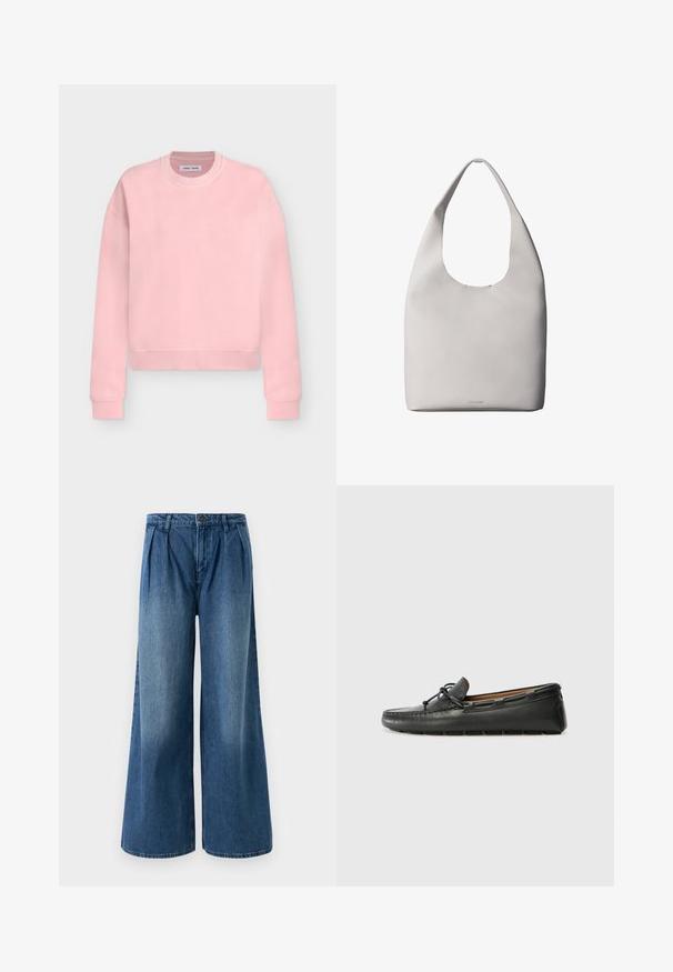 Hellrosa Sweatshirt mit langen Ärmeln und Rundhalsausschnitt, mit gerippten Bündchen und Saum, flach auf einem hellgrauen Hintergrund liegend.; Weite Jeans aus mittlerem blauen Denim, mit Falten am Bund und einem flachen Vorderdesign. Einfacher Saum ohne sichtbare Verzierungen.; Schwarze Lederbootsschuhe mit rundem Zehenbereich, gestickten Details, kleinem Schleifenakzent und Gummisohle. Glatte Textur und schlankes Design.; Weiße Ledertasche mit einem einzigen Schulterriemen, weicher Textur und diskretem Calvin Klein-Logo nahe der unteren Mitte.