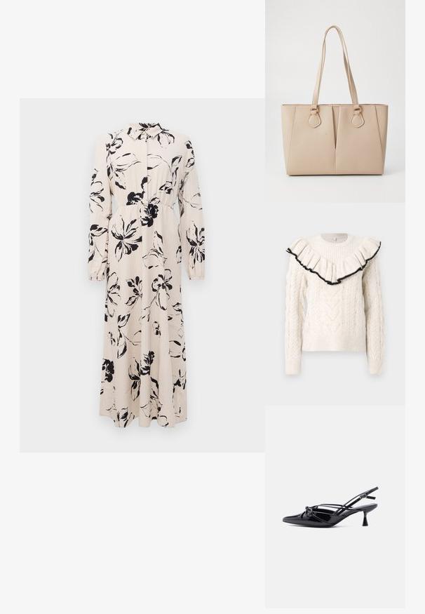 Strikket cremet sweater med kabelmønster, ribbede manchetter og en volang halsudskæring kantet med sort. Lange ærmer, rund hals, struktureret stof.; Lang beige kjole med sort blomstret tryk, lange ærmer, samlet talje og krave med knaplukning foran.; Sort laklæder slingback-pumpe med spids tå, lav kittenhæl og dekorativ knyttet sløjfedetalje foran.; Beige tote taske lavet af tekstureret kunstlæder, med dobbelte håndtag og guldfarvede hardware accenter. Designet inkluderer en delt frontdetalje.