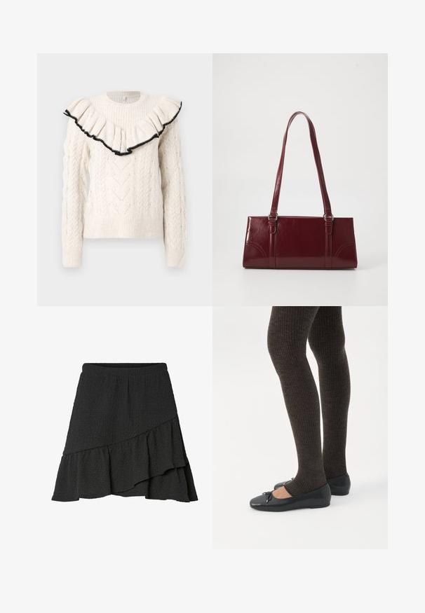 Knit cream sweater with cable pattern, ribbed cuffs, and a ruffled neckline edged with black. Long sleeves, round neck, textured fabric.; Mustapintainen kietaisuhame, jossa epäsymmetrinen röyhelöinen helma ja joustava vyötärökaitale.; Jalat, joissa tummat ribbineuleiset leggingsit yhdistettynä mustiin balettitossuihin, joissa on pienet rusettikoristeet valkoisella taustalla.; Burgundin värinen käsilaukku, joka on valmistettu kiiltävästä materiaalista, suorakaiteen muotoinen, kahdella olkahihnalla ja hienovaraisilla kaarevilla aksentteilla edessä.