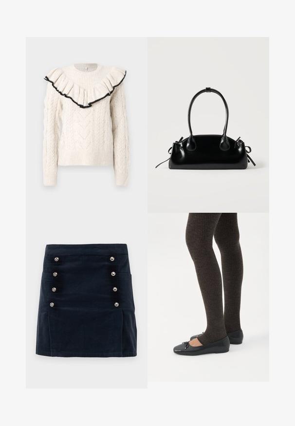 Suéter de punto color crema con patrón de trenzas, puños acanalados y un neckline con volantes bordeado en negro. Mangas largas, cuello redondo, tejido texturizado.; Falda de pana azul marino con forma recta, cinco botones metálicos en la parte delantera y dos bolsillos laterales para funcionalidad.; Piernas con leggings oscuros acanalados combinados con bailarinas negras que presentan pequeños detalles de lazo sobre un fondo blanco.; Pequeño bolso negro brillante con dos asas largas y detalles de cordón lateral sobre un fondo claro liso.