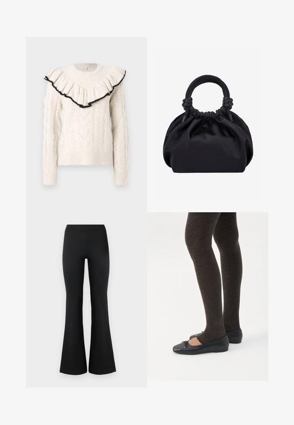 Pull en crème tricoté avec un motif en relief, des poignets côtelés et un col à volants bordé de noir. Manches longues, col rond, tissu texturé.; Pantalons évasés noirs en tissu lisse et extensible. Dotés d'une taille haute et de bords évasés pour un look ajusté. Design simple.; Jambes portant des leggings côtelés foncés associés à des ballerines noires avec de petits détails en nœud sur fond blanc.; Sac à main en tissu noir doux avec haut froncé et poignées circulaires rembourrées nouées de chaque côté.