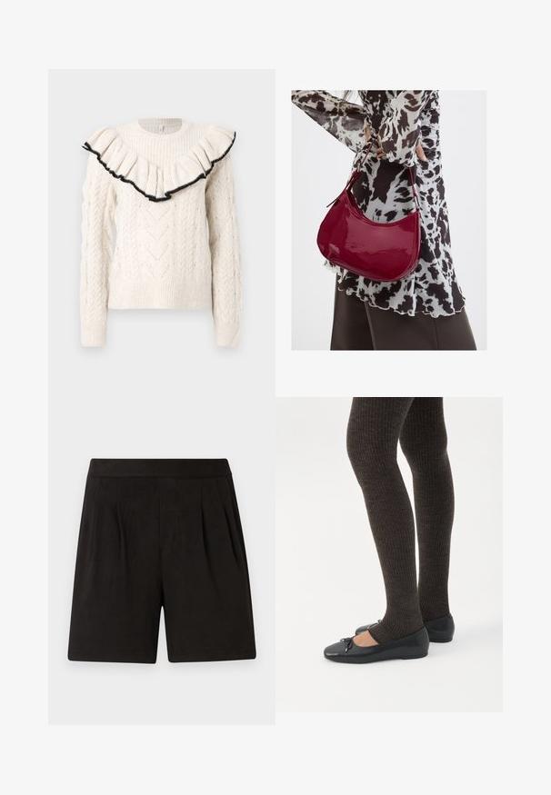 Suéter de punto color crema con patrón de trenzas, puños acanalados y un neckline con volantes bordeado en negro. Mangas largas, cuello redondo, tejido texturizado.; Pantalones cortos negros de tela suave, con una textura lisa, cintura elástica y diseño frontal plisado. Simples y sin adornos.; Piernas con leggings oscuros acanalados combinados con bailarinas negras que presentan pequeños detalles de lazo sobre un fondo blanco.; Mujer con blusa de estampado en blanco y negro sosteniendo un bolso de hombro rojo brillante sobre un fondo liso.