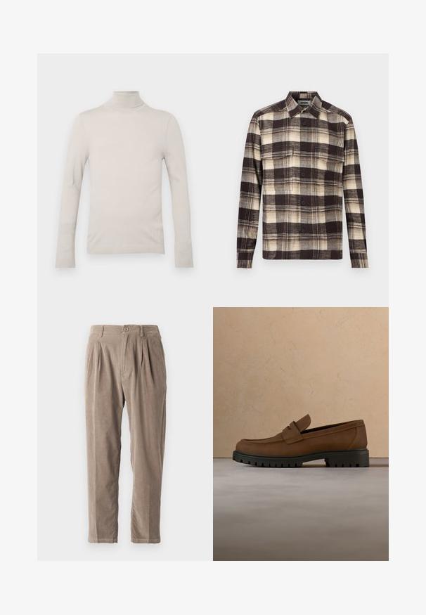 Lys beige turtleneck sweater lavet af glat stof, med lange ærmer og en figursyet design, samt en ribbet halsudskæring og manchetter.; Flannelskjorte med knapper foran i brun, beige og creme ternet mønster, lange ærmer, to brystlommer og en krave.; Beige corduroy bukser med en afslappet pasform, der har plisseringer, knaplukning og sidelommer, tekstureret overflade og tapered bendesign.; Mørkebrune læderloafer med tyk sort gummisål vist over en beige tæppe- og sofa baggrund.