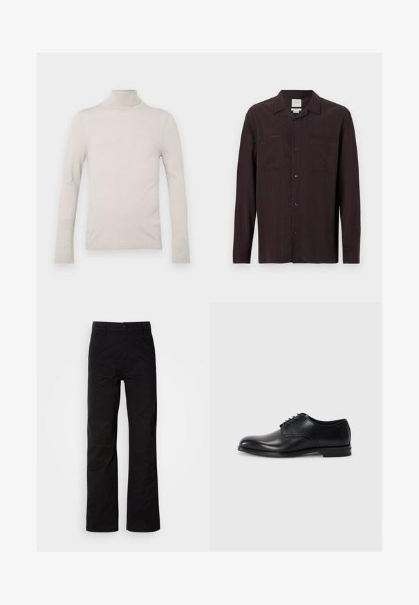 Lys beige turtleneck sweater lavet af glat stof, med lange ærmer og en figursyet design, samt en ribbet halsudskæring og manchetter.; Mørkebrun skjorte med lange ærmer, knappet krave, to brystlommer og knaplukning foran, lavet af letvægtsstof.; Sort bomuldsbukser med lige ben, der har knaplukning og bæltestropper. Glat tekstur og minimalistisk stil uden synlige mønstre.; Sorte læderherresko med rund tå, snørebåndsdesign, glat overflade og en lavprofil gummisål. Minimal syning detaljer.