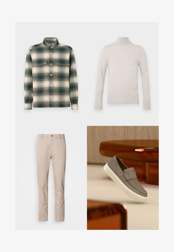 Lys beige turtleneck sweater lavet af glat stof, med lange ærmer og en figursyet design, samt en ribbet halsudskæring og manchetter.; Rutig skjorte i nuancer af grøn, beige og brun. Fremstillet af tekstureret stof med knaplukning foran og to brystlommer.; Beige bomulds chinos med lige pasform, bæltestropper, en enkelt frontknap og en glat, utextureret overflade. Ingen lommer er synlige.; Grå ruskind slip-on sko med hvid sål svævende over beige tæppe, med gennemsigtigt orange møbel i baggrunden.