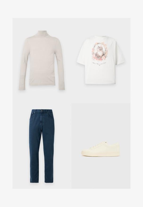 Suéter de cuello alto beige claro hecho de un tejido suave, con mangas largas y un diseño ajustado, con un cuello y puños acanalados.; Camiseta blanca con una ilustración enmarcada de un gato gris y blanco rodeado de rosas rosas y el texto "Espejo, espejo en la pared."; Jeans de pierna recta en azul marino con botones frontales, pasadores para cinturón y costuras visibles en los bolsillos y las costuras.; Zapatilla de color crema con parte superior de cuero liso, puntera redondeada, cierre de cordones y suela de goma texturizada. Diseño minimalista, sin logotipos.