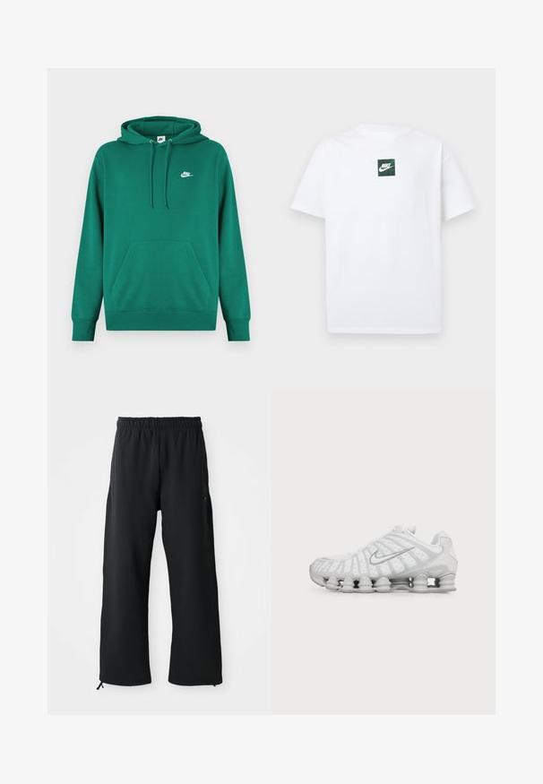 Grøn hættetrøje med kængurulomme, snøre i hætten og en lille hvid Nike-logo på brystet. Fremstillet af blødt stof med ribbet kant ved ærmerne.; Hvid Nike T-shirt med korte ærmer og et lille grønt firkantet logo med Nike swoosh og tekst centreret på brystet.; Sorte bukser med brede ben lavet af blødt stof, med elastisk talje og snøre, sidelommer og en glat overflade.; Hvid Nike løbesko med synlig luftstøbt sål og sølv swoosh-logo på siden, vist fra ydersiden.