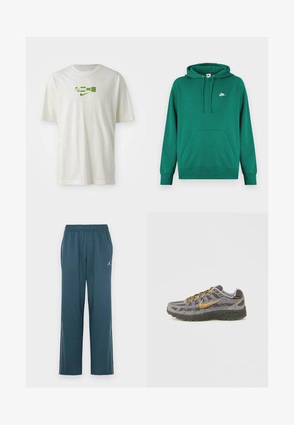 Zelená mikina s kapucňou, klokaním vreckom, šnúrkou v kapucni a malým bielym logom Nike na hrudi. Vyrobená z mäkkej látky s rebrovanými manžetami.; Biele bavlnené tričko s zelenou grafickou potlačou so slovom "NIKE" a logom. Krátke rukávy a okrúhly výstrih. Hladký povrch.; Tmavé zelenomodré športové nohavice s elastickým pásom, dvoma bočnými vreckami, bielymi bočnými pruhmi a malým logom na ľavom stehne.; Šedá semišová teniska so zlatými akcentmi, textúrovanými panelmi a zladenými šnúrkami. Má polstrovanú podrážku a detail loga na boku.