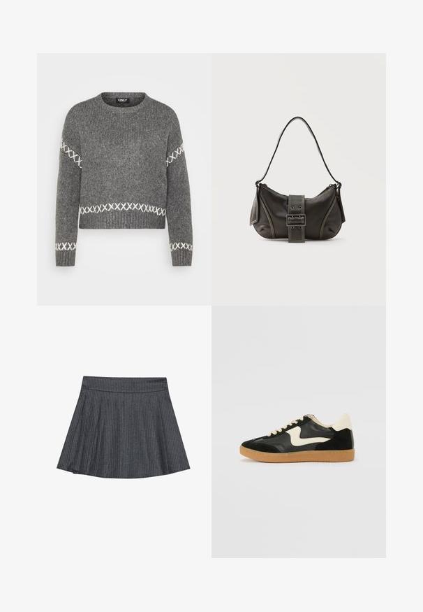 Pull en tricot gris avec col rond, orné d'accents en point de croix blancs sur les manches et l'ourlet. Texture douce, design court.; Jupe patineuse grise à rayures générales avec une taille ajustée, en forme évasée A et texture de tissu douce. Les lignes verticales renforcent l'intérêt visuel.; Baskets en daim et cuir noir avec un swoosh latéral crème et un talon crème clair. Dotées de lacets beige et d'une semelle en caoutchouc gomme.; Sac à épaule en cuir noir avec une sangle à boucle, des bords arrondis et des coutures blanches contrastées sur un fond uni.
